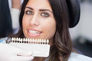 Woman's smile compared with porcelain veneer shade chart