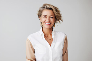 Portrait of smiling woman in white blouse