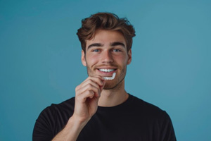 Young man holding an Invisalign aligner