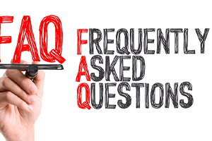 Frequently asked questions written in red and black