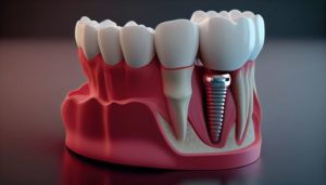 Illustration of dental implant between natural teeth