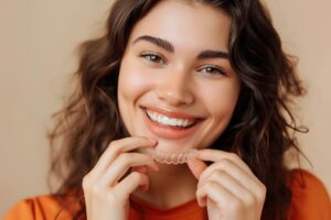Portrait of smiling woman holding Invisalign aligner