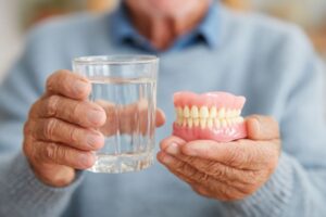 Senior man holding dentures and glass of water 