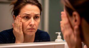 Concerned woman looking at herself in mirror 